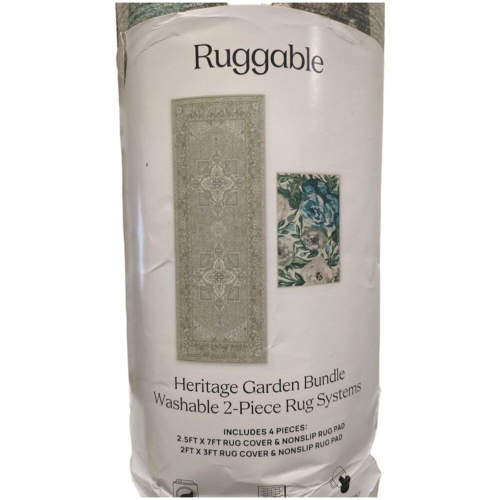 Heritage Garden - Ruggable 4pc Washable Rug System Set, 2.5ftx7ft & 2ftx3ft, wit